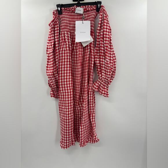 Sleeper Atlanta Linen Gingham Midi Dress Off Shoulder Red - Picture 7 of 10